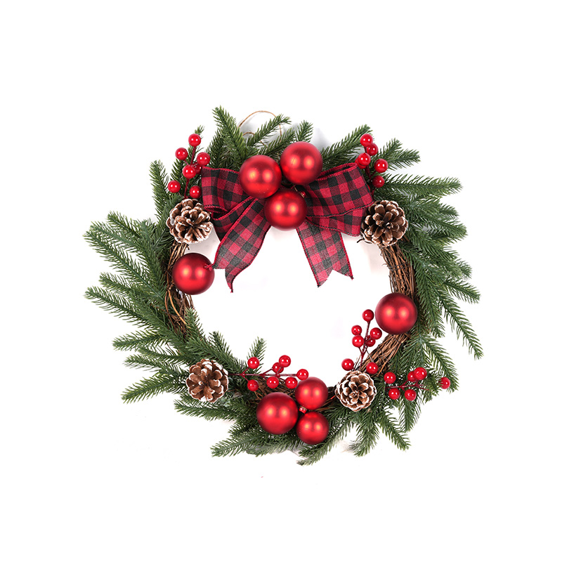 Christmas Rattan Pine Needle Plaid Bow Red Berries Pine Cone Holiday Decorative Wreath